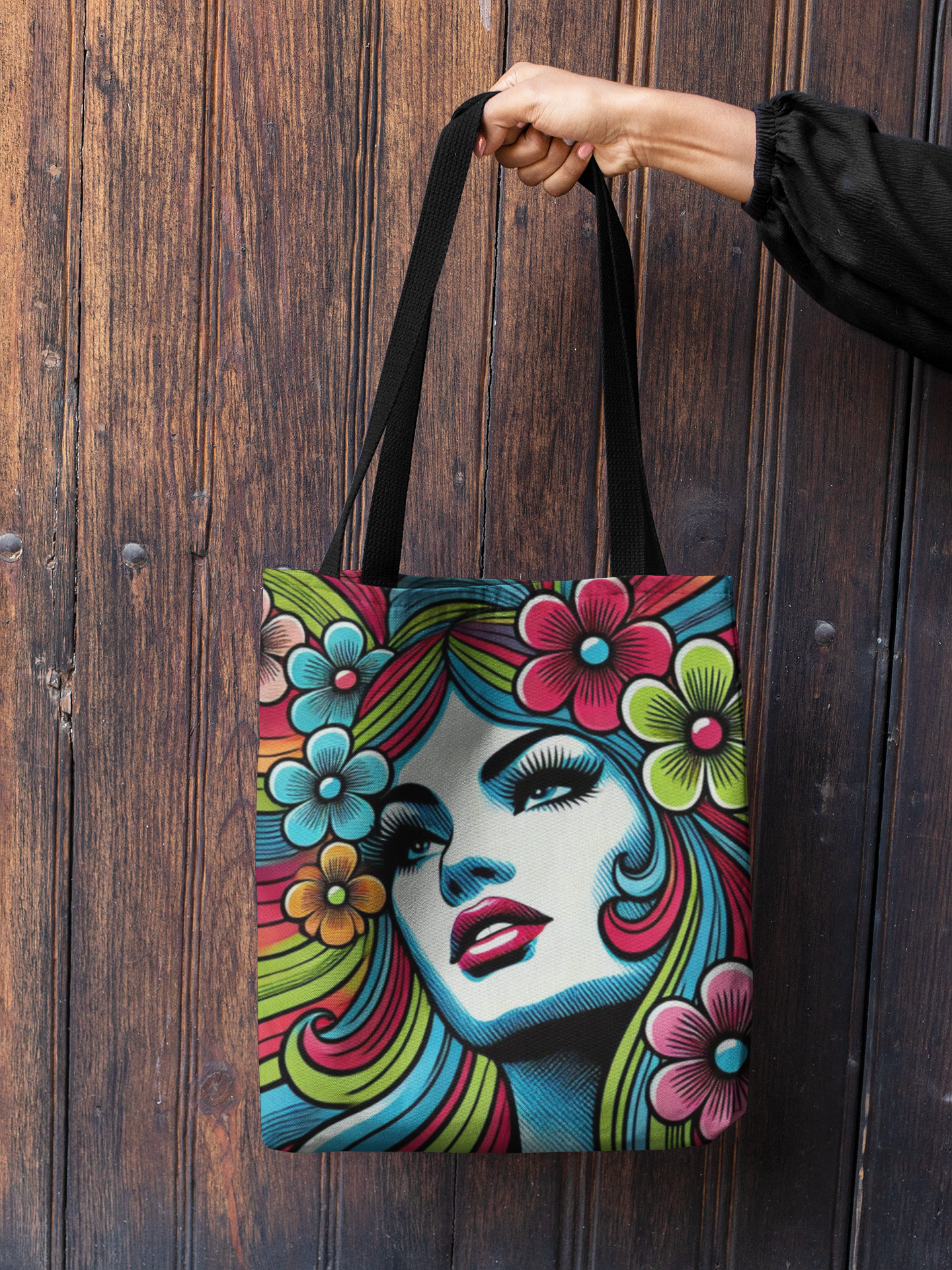 Psychedelic Flower Power Pop Art Tote Book Bag - 13" x 13"