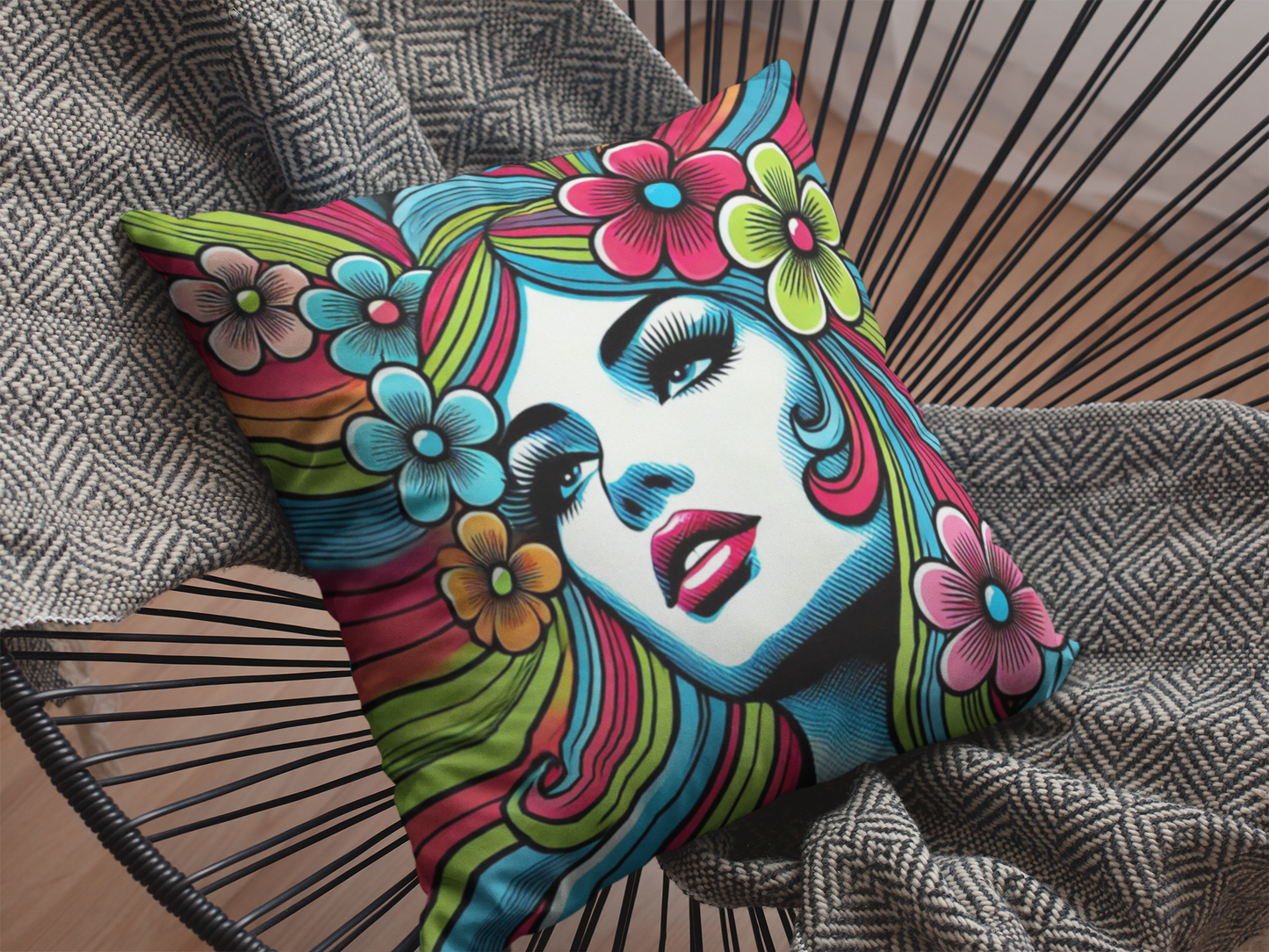 Psychedelic Flower Power Pop Art Square Pillow - 14" x 14"