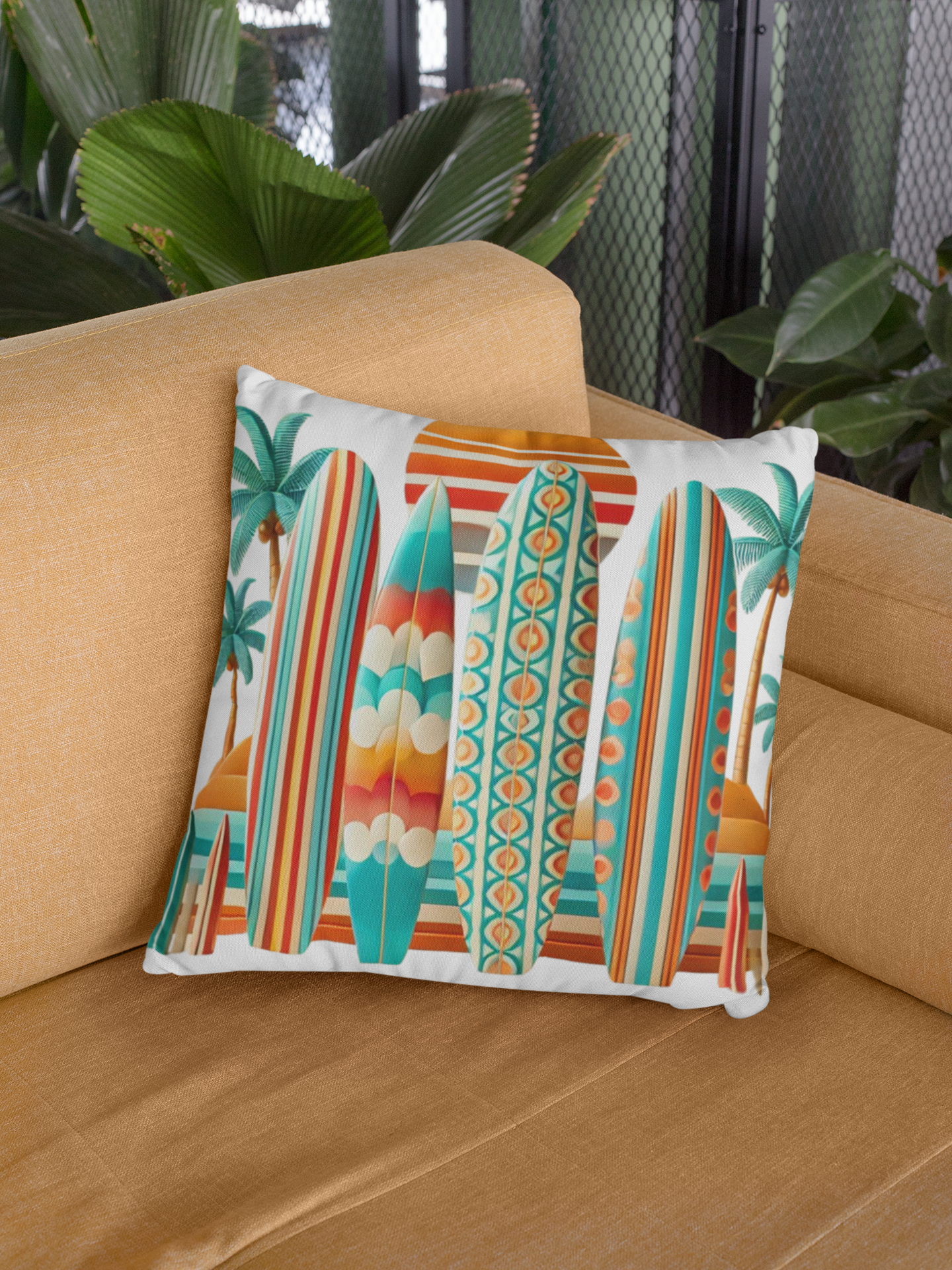 Retro Beach Surfboard Square Pillow - 14" x 14"